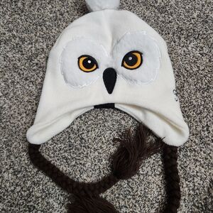 White Owl Knit Hat with Braided Tassels